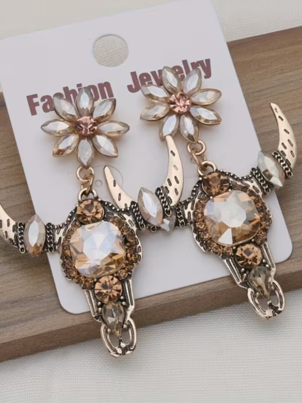 Crystal Floral Bull Skull Earrings - Gold/Orange Tone Crystals - Fashion Jewelry